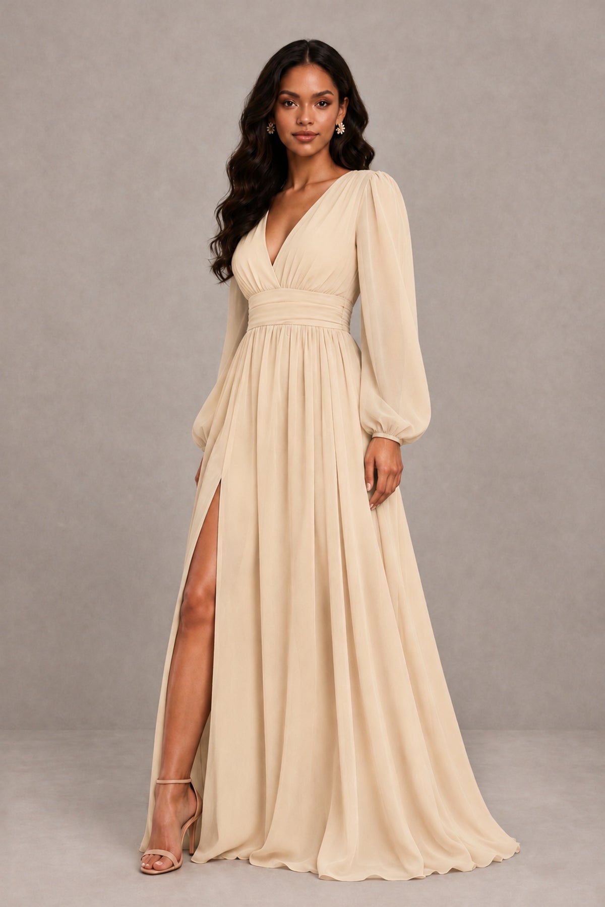 BOLODOO Champagne Long Sleeve V-Neck A-Line Gown with Open Back & Slit - Champagne - Champagne_4