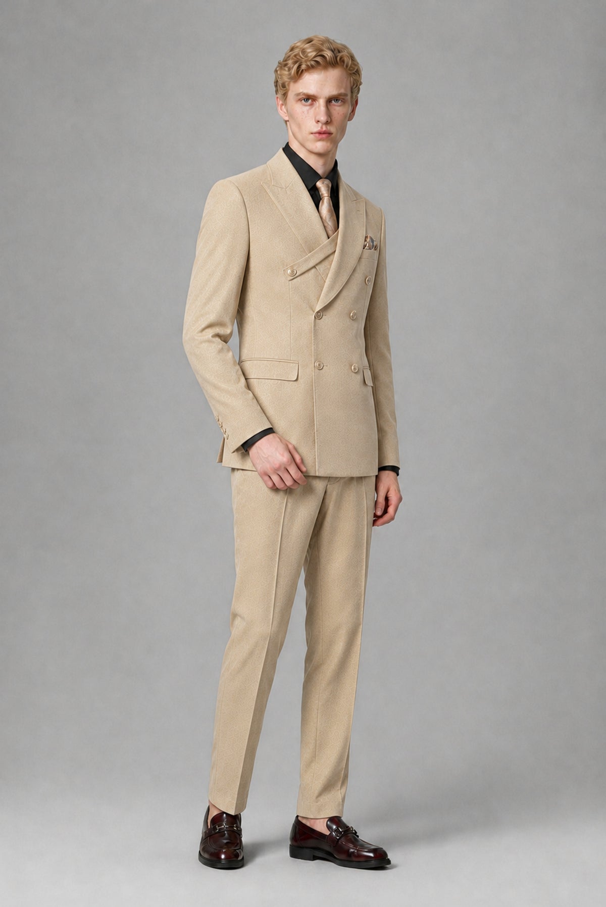BOLODOO Men's Champagne Double-Breasted Two-Piece Suit – Jacket & Trousers - Champagne