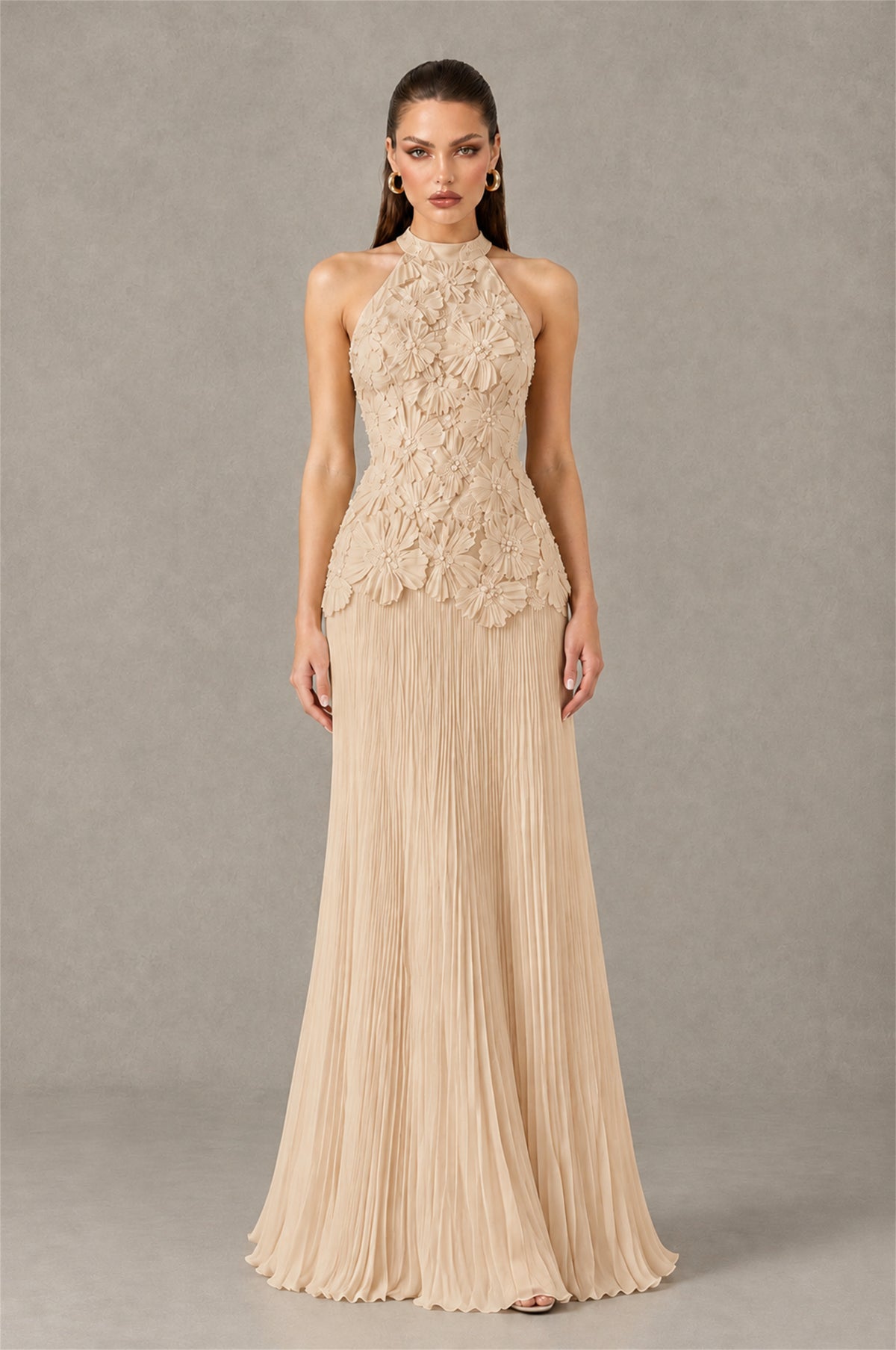 BOLODOO Champagne 3D Floral Applique Halter Neck Open Back Pleated Maxi Dress - Champagne