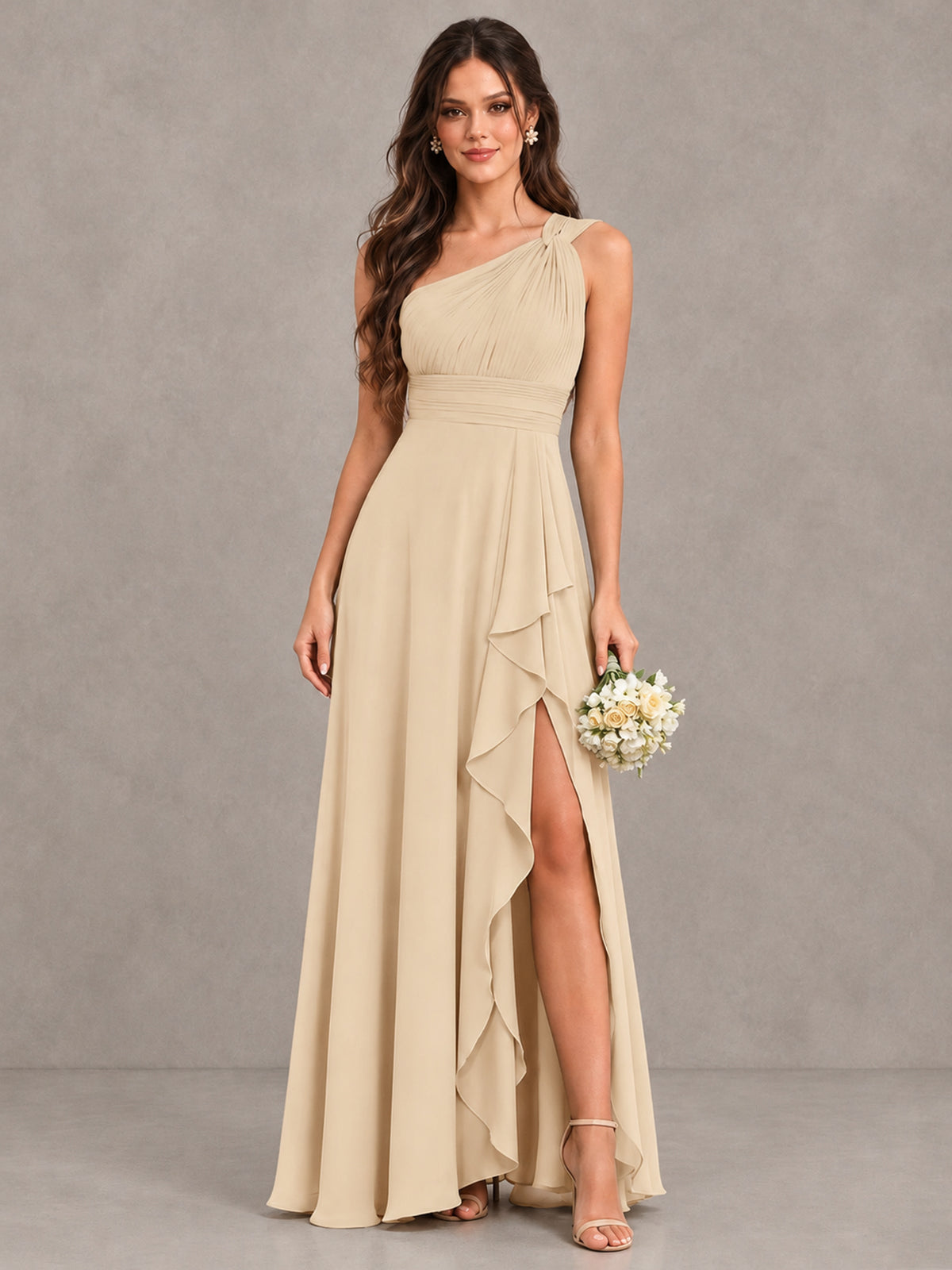 BOLODOO Champagne One-Shoulder Ruffle Bridesmaid Dress with Slit - Champagne - Champagne (1)