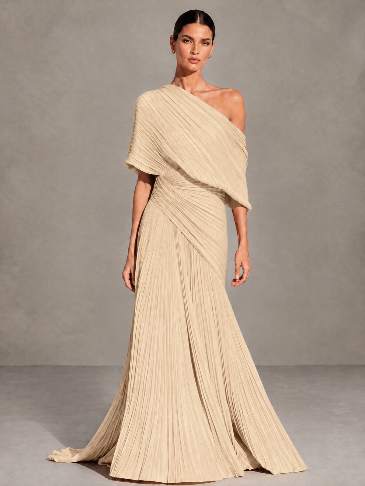 BOLODOO Champagne One-Shoulder Pleated Cape Evening Gown with Train - Champagne - Champagne (1)
