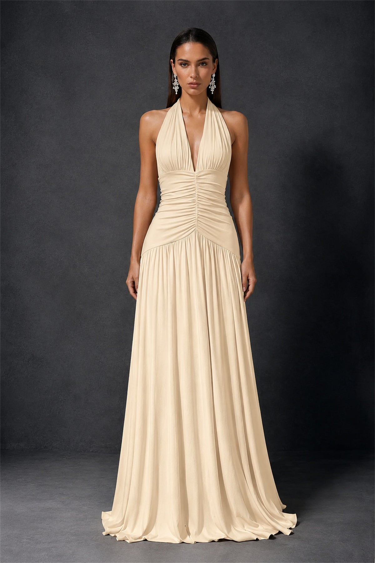 BOLODOO Champagne Halter Deep V-Neck Ruched Chiffon Open Back Maxi Dress with Draped Neck Tie - Champagne