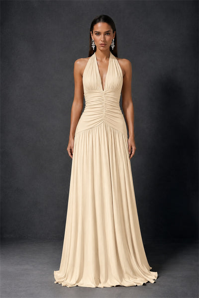 BOLODOO Champagne Halter Deep V-Neck Ruched Chiffon Open Back Maxi Dress with Draped Neck Tie - Champagne