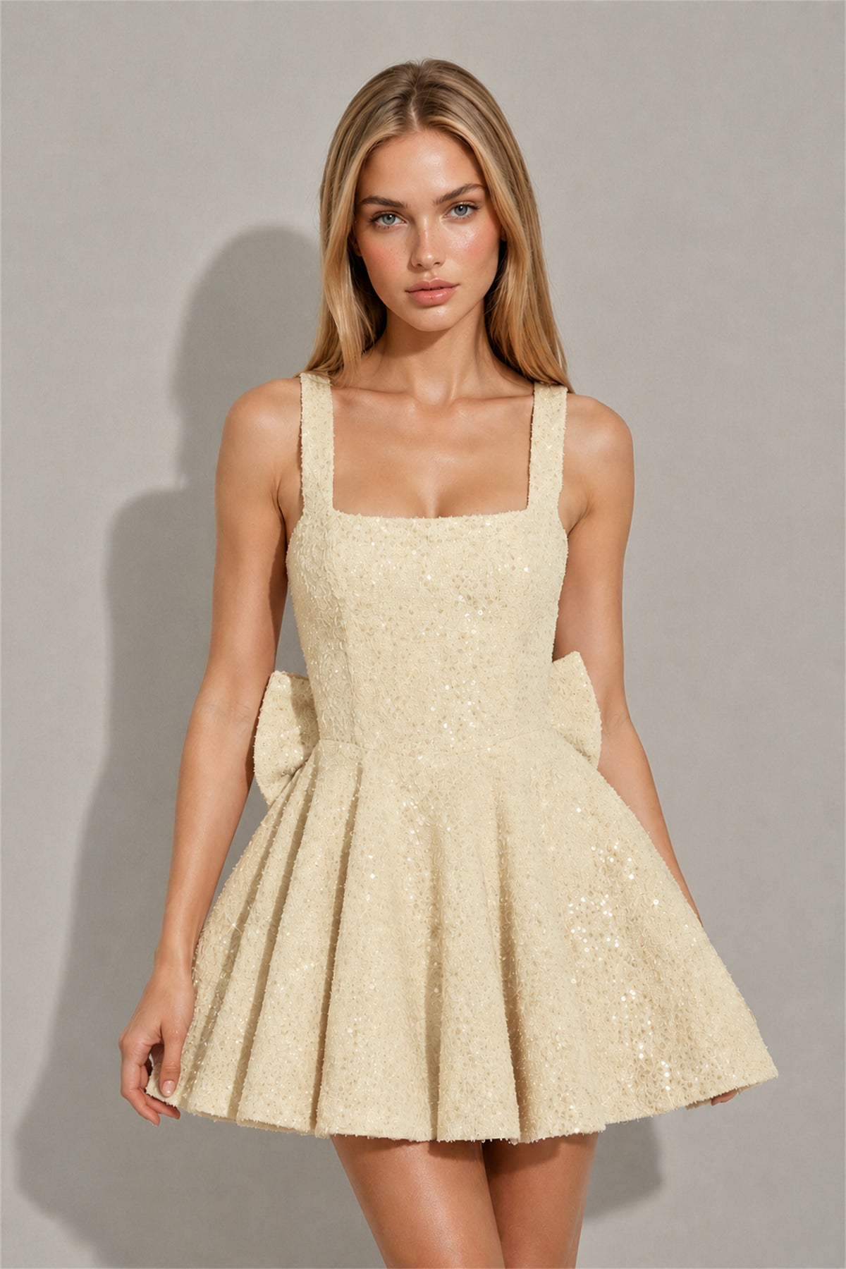 BOLODOO Champagne Sequin Square Neck Wide Strap Bow Waist Open Back Fit and Flare Mini Dress | Prom Birthday Party Dress - Champagne