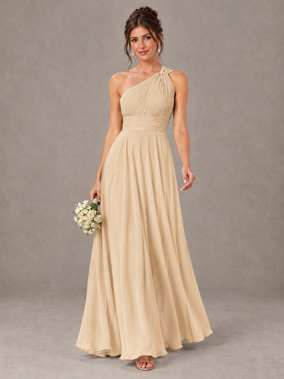 BOLODOO Champagne One-Shoulder Chiffon-Look Bridesmaid Dress - Champagne - Champagne (1)