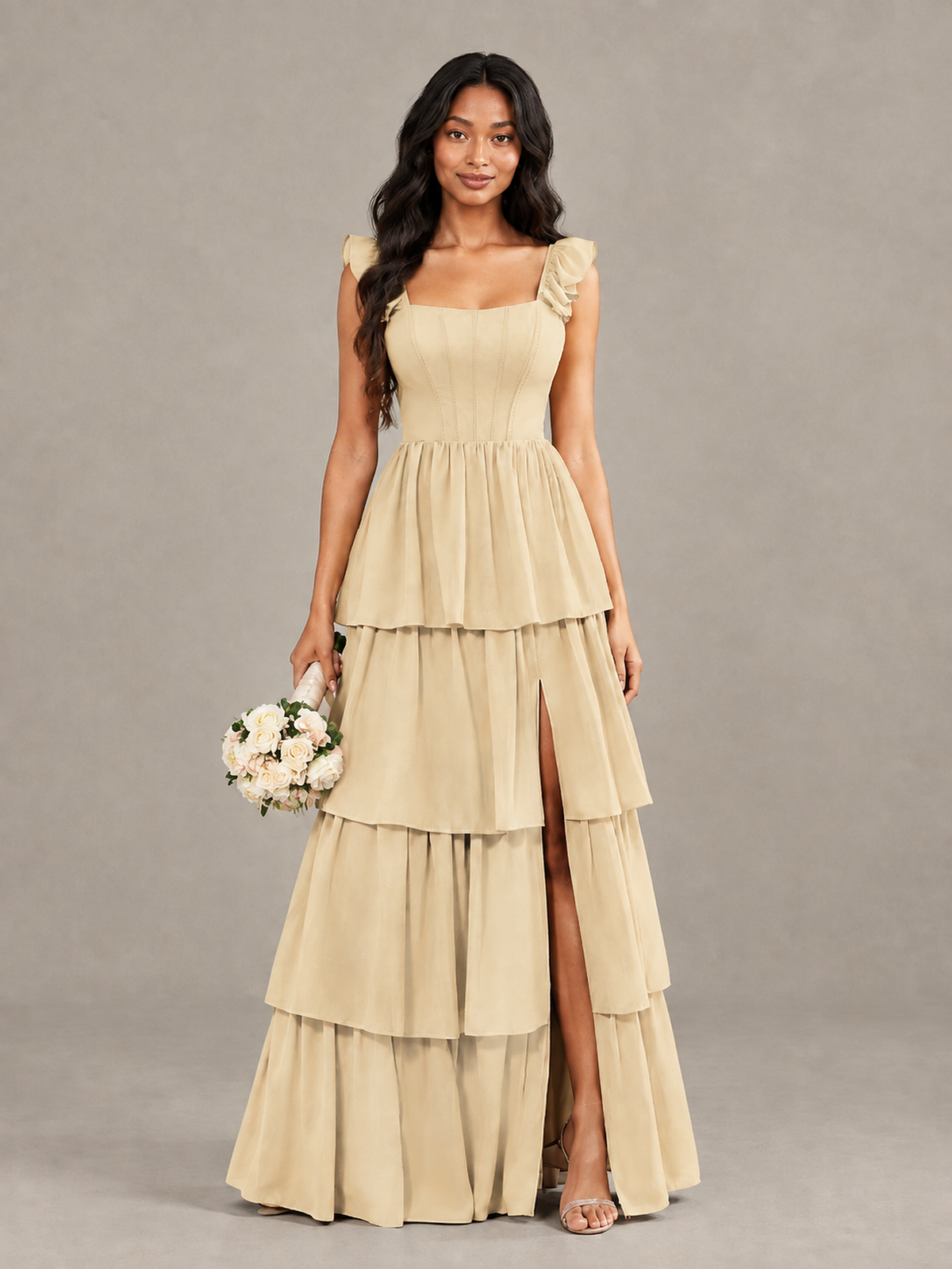 BOLODOO Champagne Tiered Maxi Bridesmaid Dress with Slit - Champagne