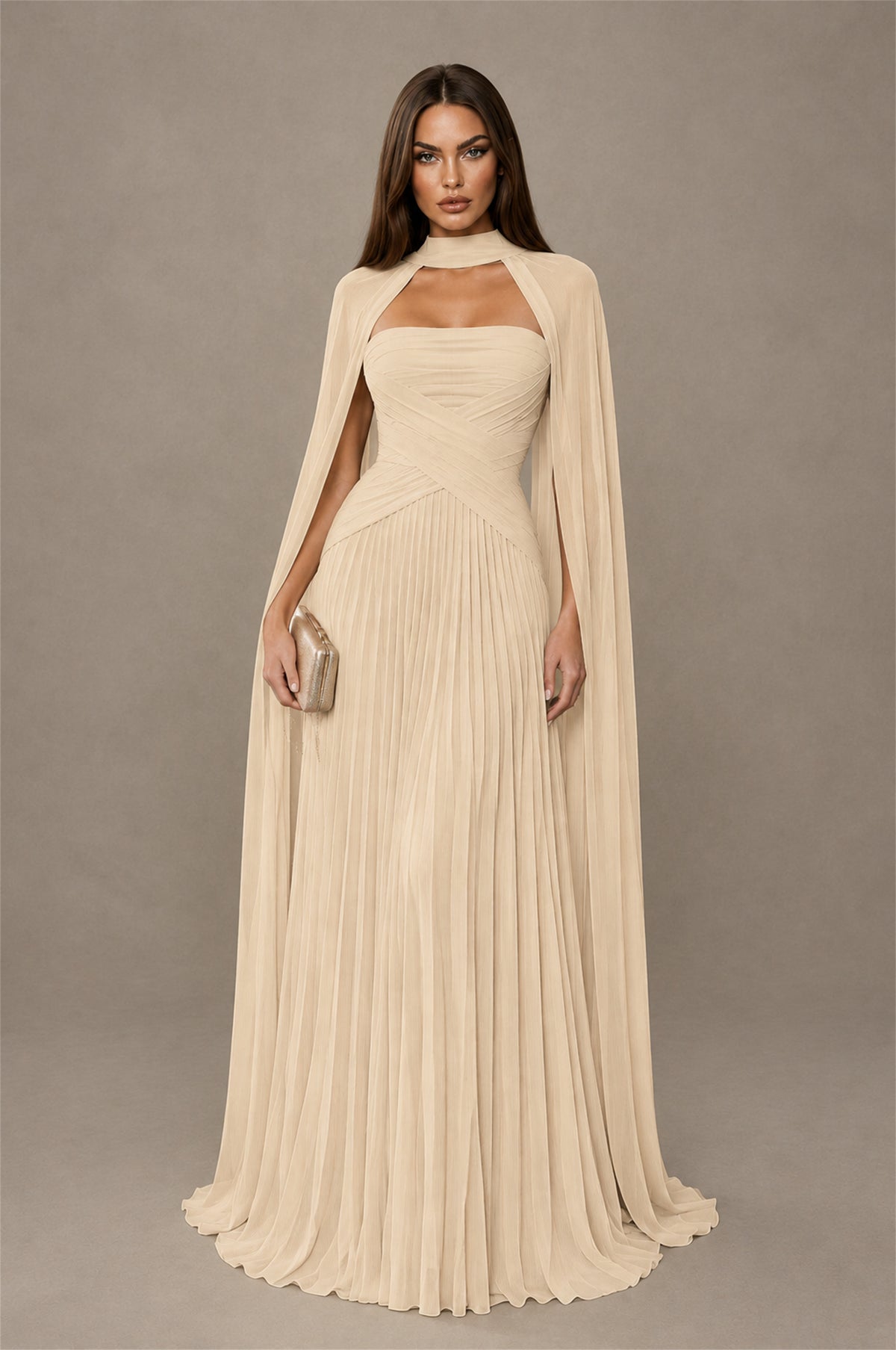BOLODOO Champagne Strapless Crossover Ruched Bodice Detached Turtleneck Cape Lace-Up Back Pleated Chiffon Maxi Dress - Champagne
