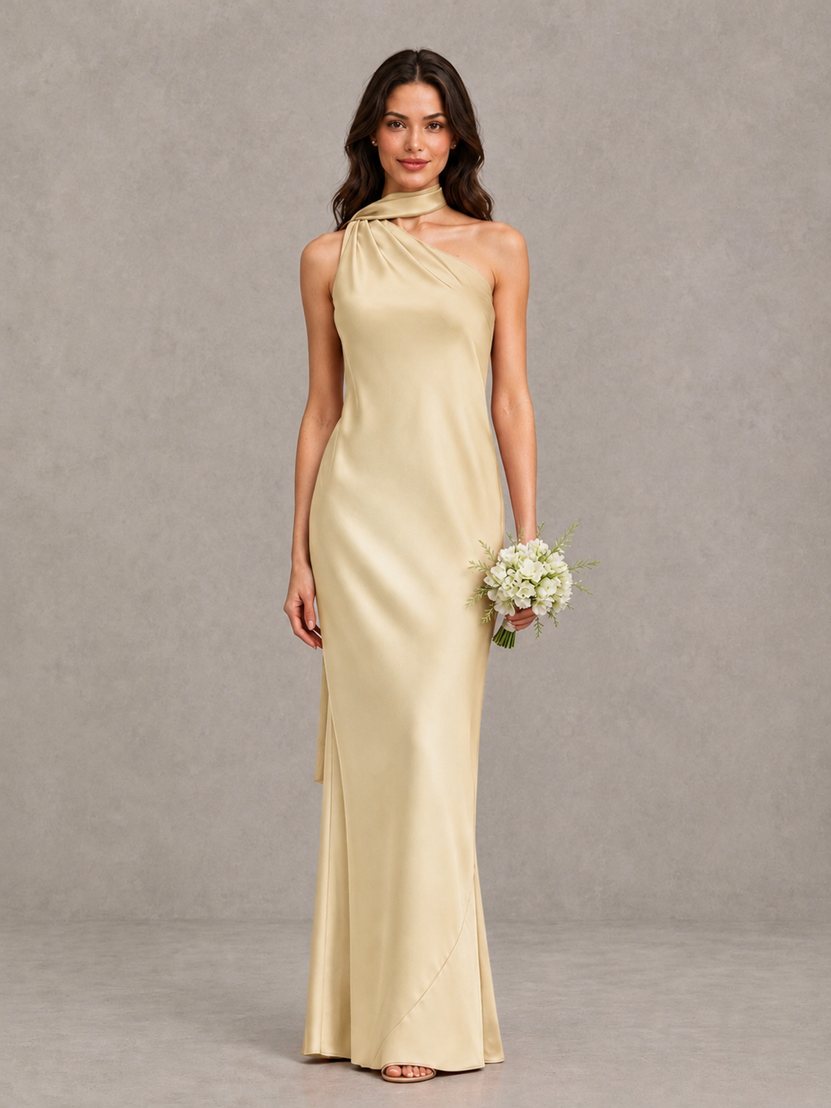 BOLODOO Champagne Satin One-Shoulder Bridesmaid Dress with Open Back - Champagne - Champagne (1)