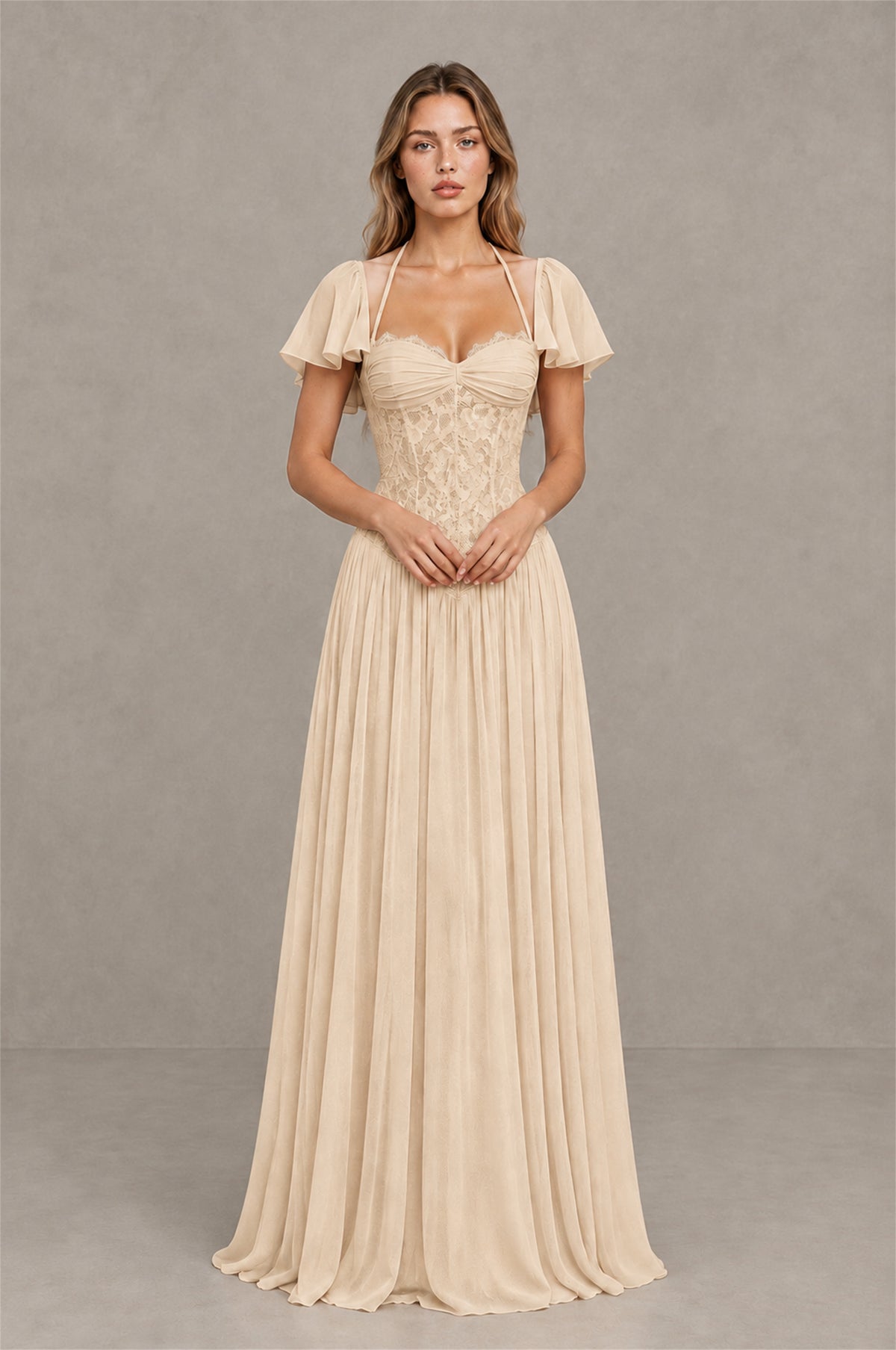 BOLODOO Champagne Flutter Sleeve Lace Corset A-Line Maxi Dress - Champagne - Champagne (1)