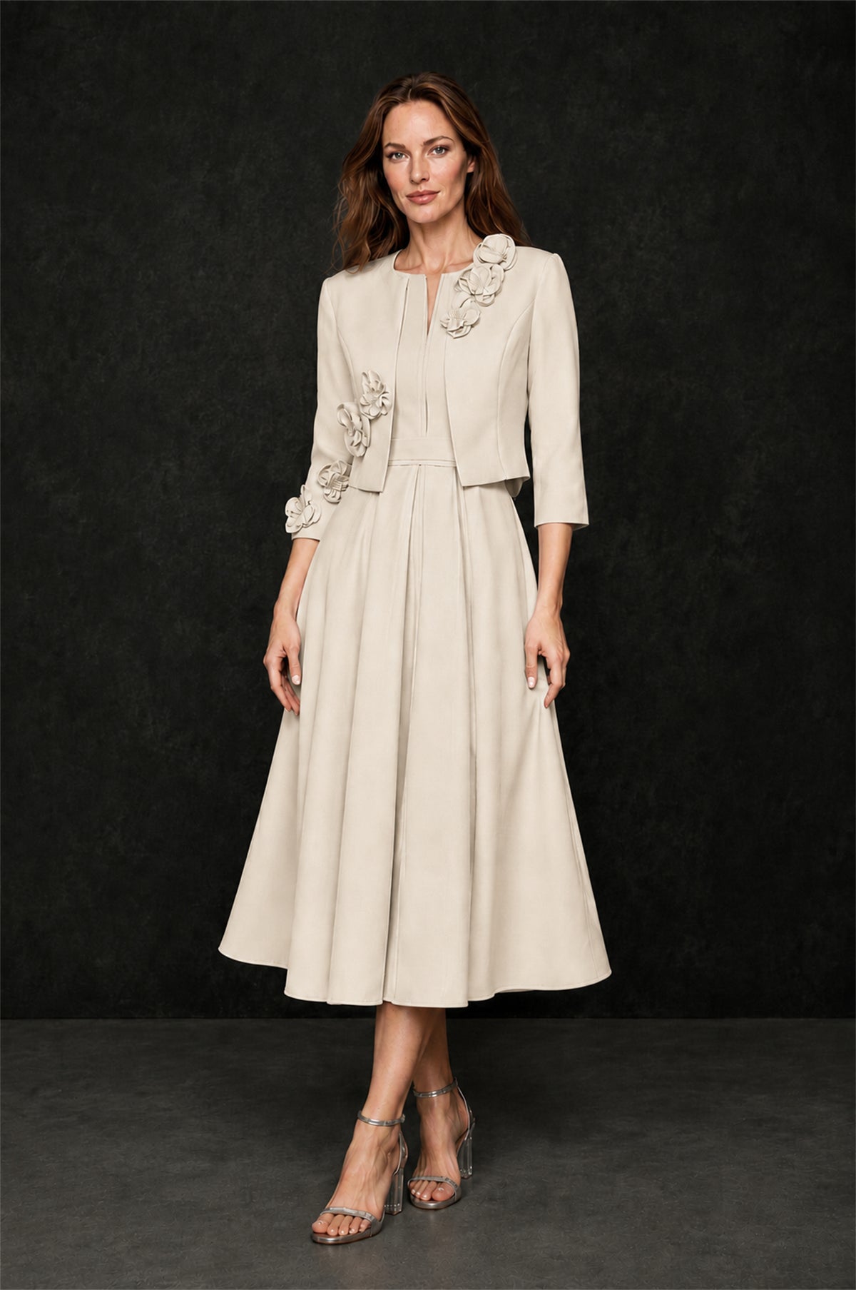 BOLODOO Champagne 3D Rosette Appliqué 3/4 Sleeve Jacket & V-Notch Sleeveless A-Line Tea-Length Two-Piece Dress Set - Champagne