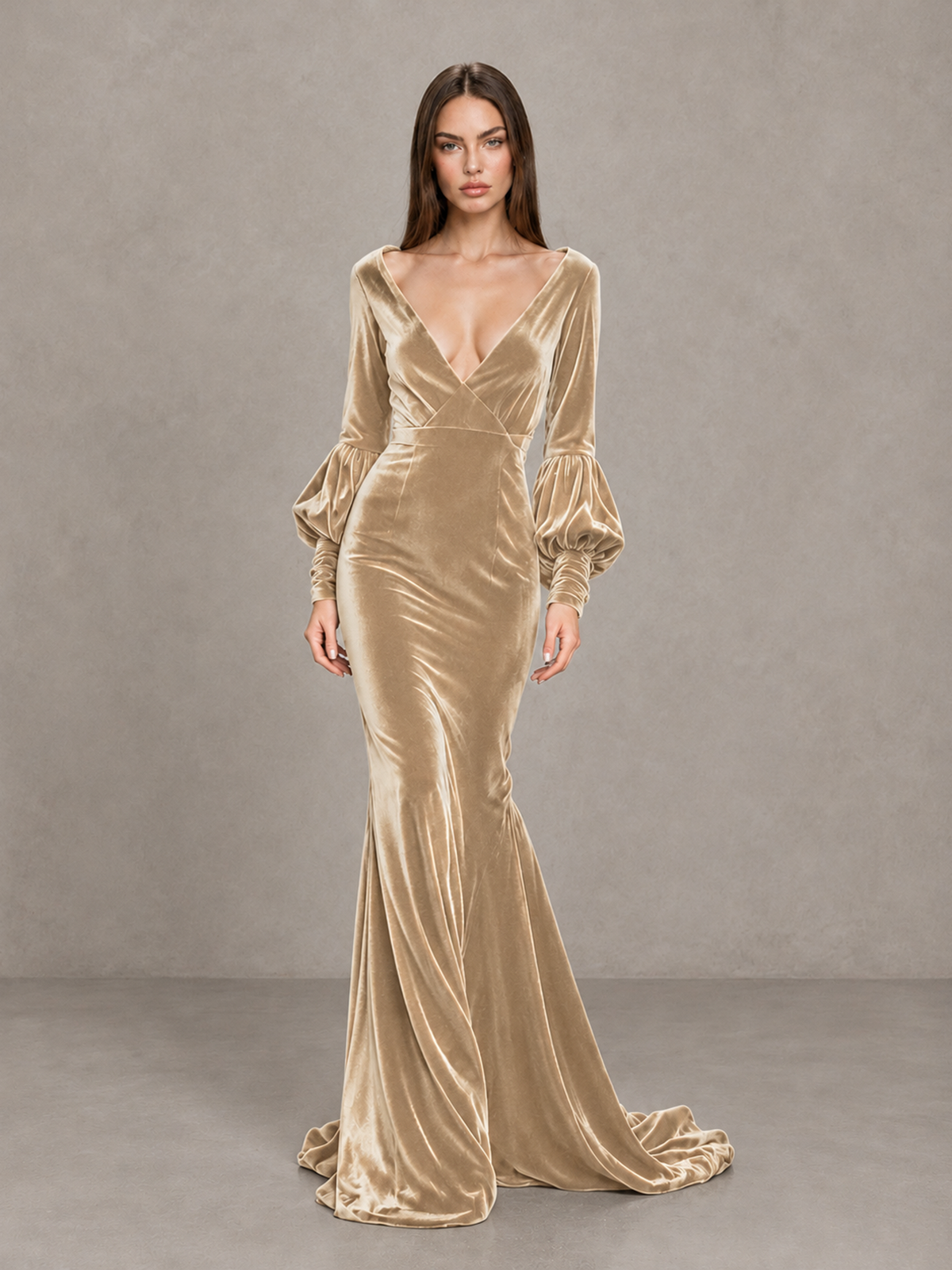 BOLODOO Champagne Velvet V-Neck Long Sleeve Open Back Mermaid Evening Gown - Champagne - Champagne (1)