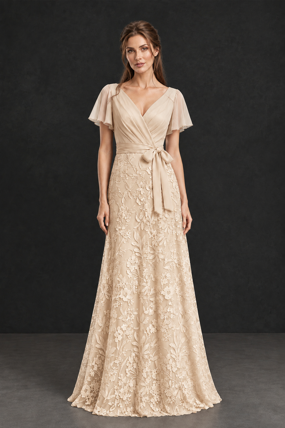 BOLODOO Champagne Flutter Sleeve Lace Mother of the Bride Dress - Champagne