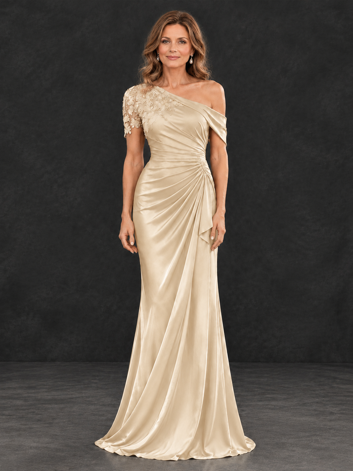 BOLODOO Champagne Asymmetric Satin Mother of the Bride Dress with Lace Sleeve - Champagne - Champagne (1)