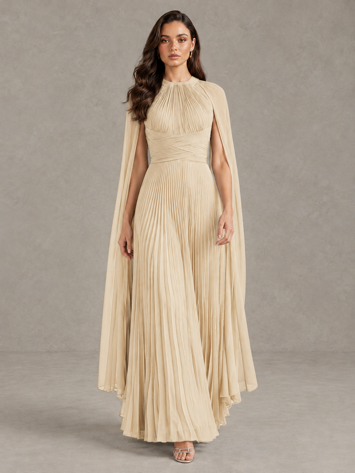 BOLODOO Champagne Pleated Cape Maxi Wedding Guest Dress - Champagne - Champagne (1)