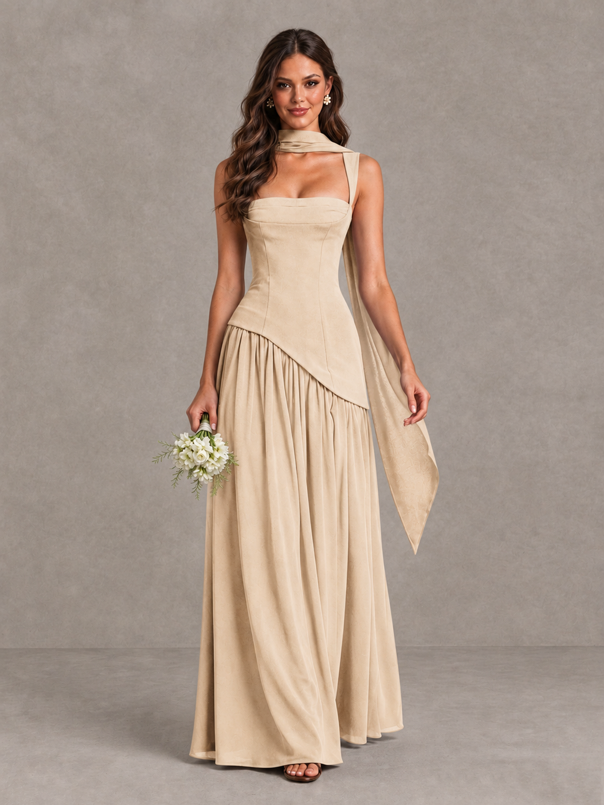BOLODOO Champagne Brown Scarf Bridesmaid Dress with Lace-Up Back - Champagne - Champagne (1)