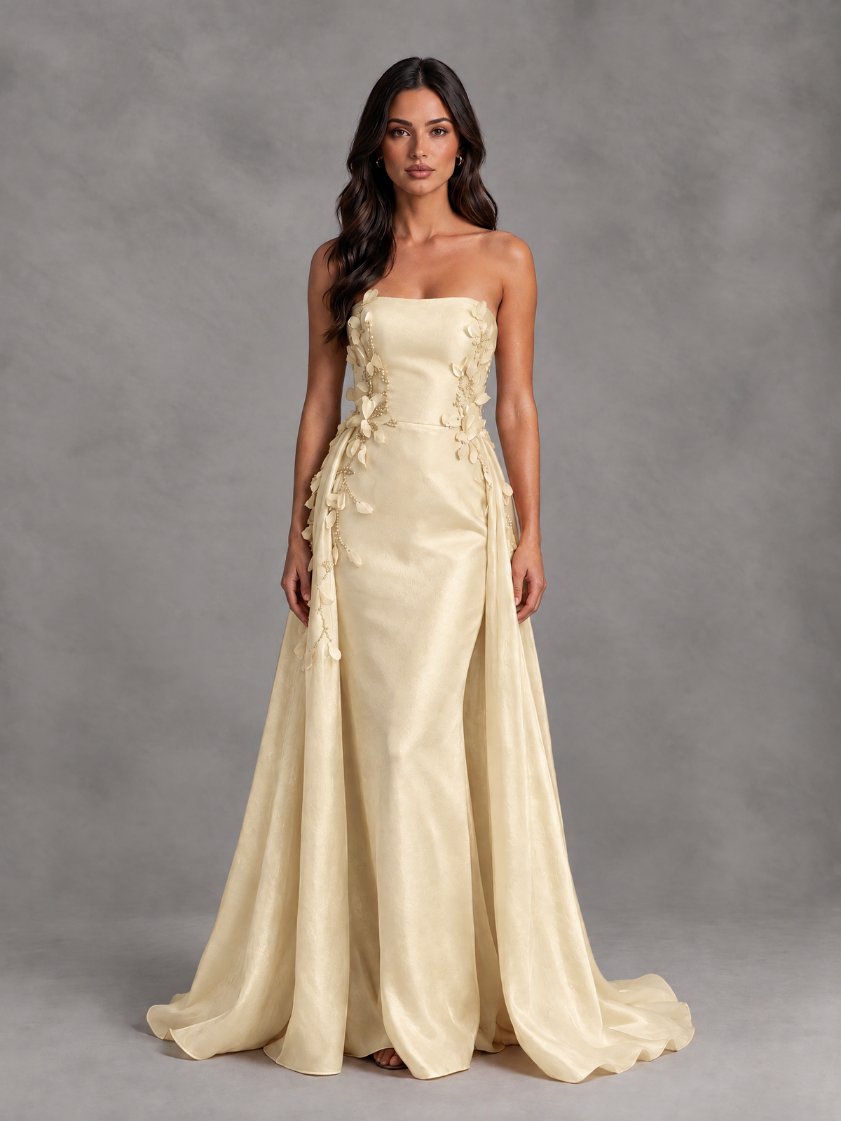BOLODOO Champagne Strapless Floral Applique Prom Dress with Overskirt - Champagne - Champagne (1)