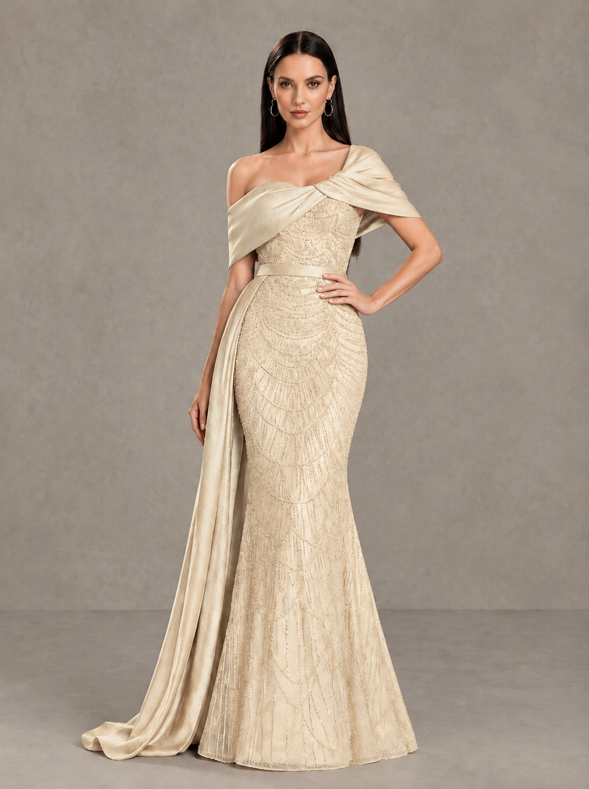 BOLODOO Champagne Asymmetric Draped Mermaid Evening Gown with Train - Champagne - Champagne (1)