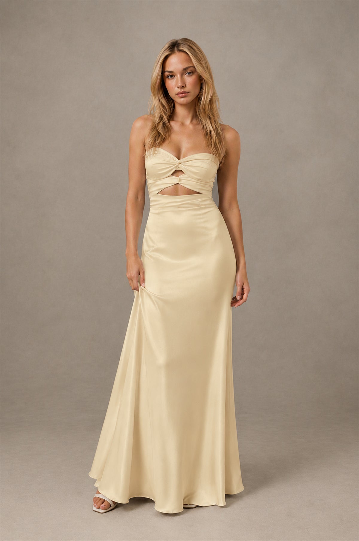 BOLODOO Champagne Sweetheart Strapless Twist Knot Cutout Lace-Up Back Satin Mermaid Maxi Dress - Champagne - Champagne (1)