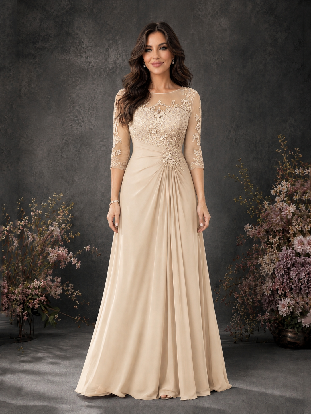 BOLODOO Champagne Chiffon Lace Illusion Neckline 3/4 Sleeve Floor Length Formal Gown - Champagne