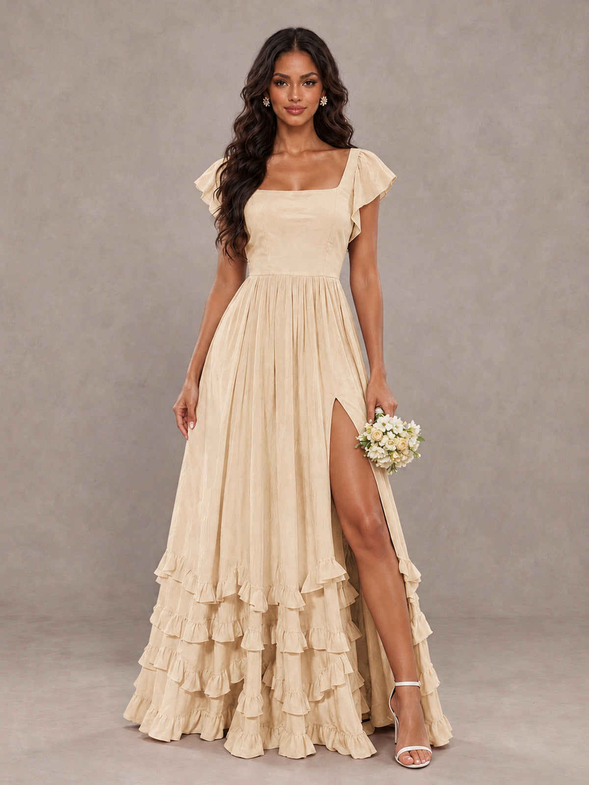 BOLODOO Champagne Flutter Sleeve Ruffle Bridesmaid Dress with Slit - Champagne - Champagne (1)
