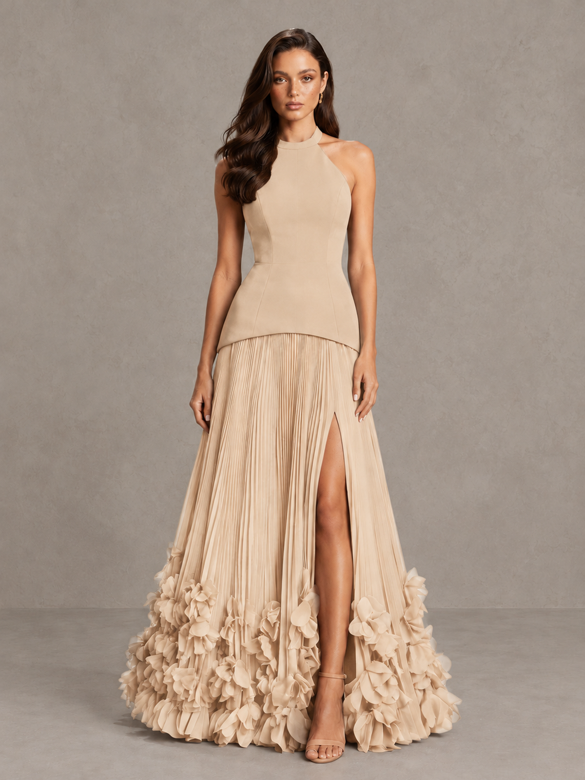 BOLODOO Champagne Halter Neck Floor-Length Evening Gown with High Slit & 3D Floral Hem - Champagne - Champagne (1)