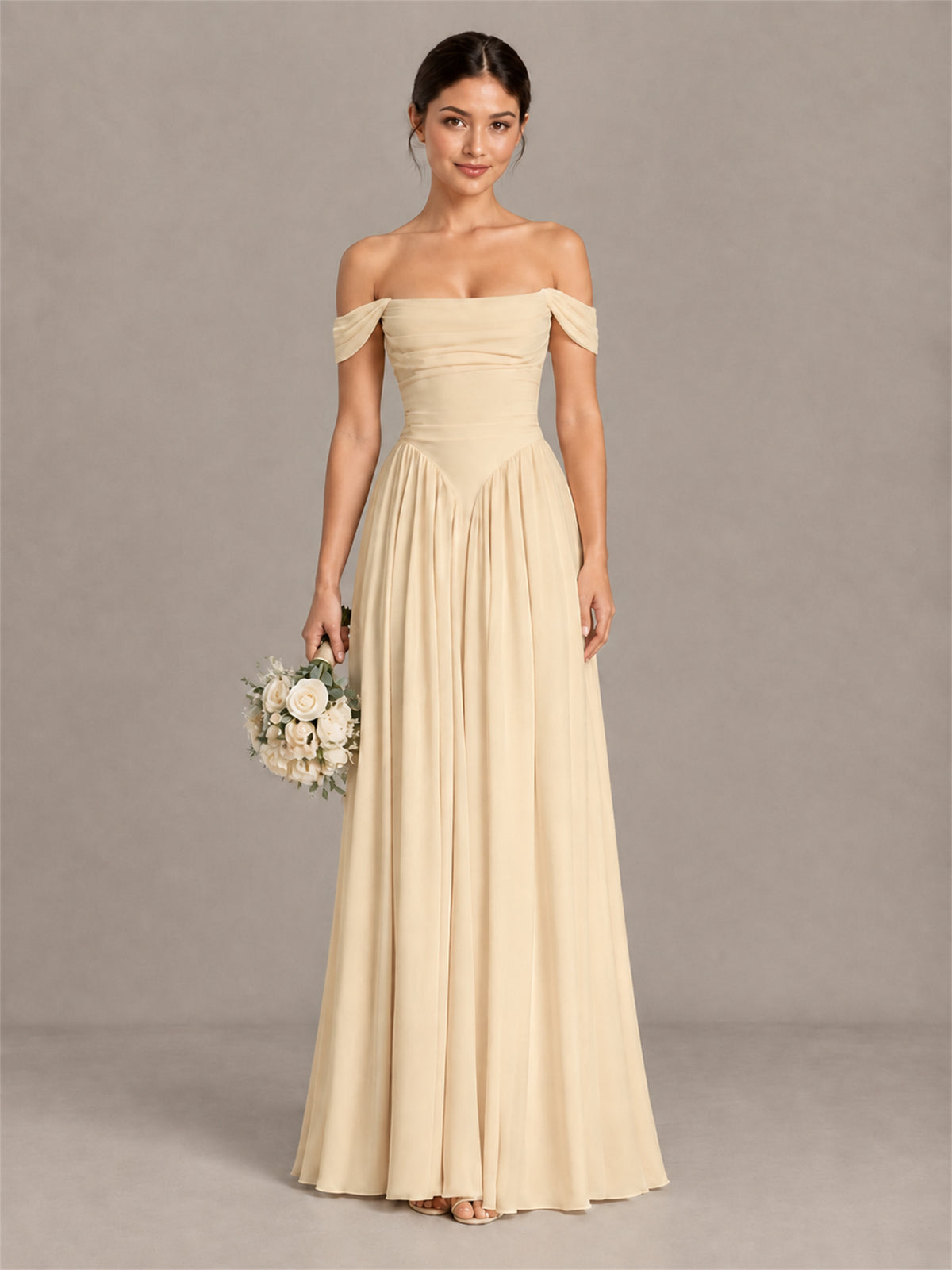BOLODOO Champagne Off-Shoulder Chiffon A-Line Bridesmaid Dress - Champagne
