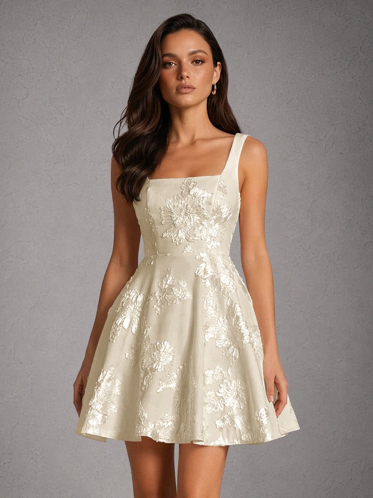 BOLODOO Pearl Champagne Iridescent Floral Embroidered Square Neck Wide Strap A-Line Mini Dress with Lace-Up Back - Champagne