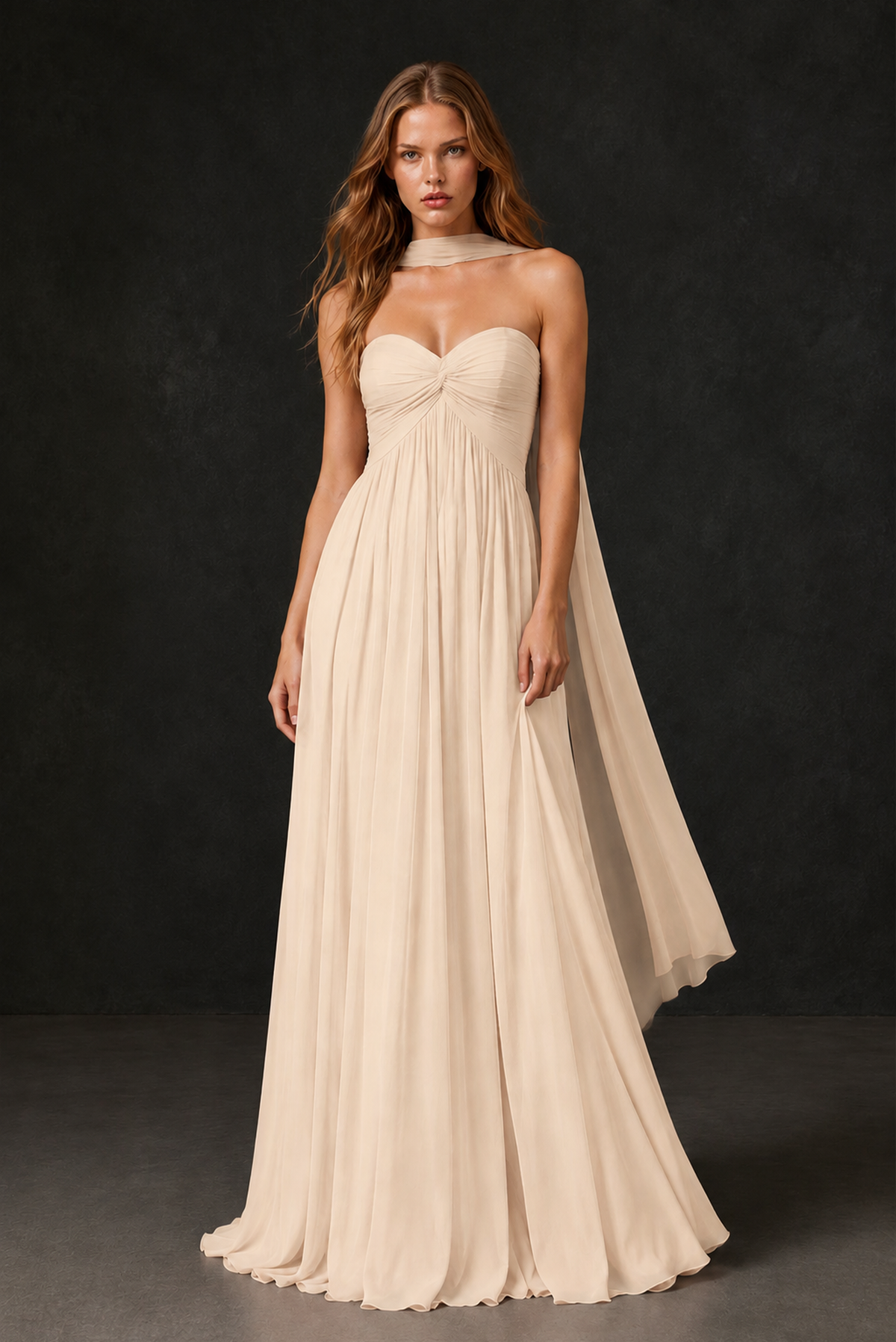 BOLODOO Champagne Sweetheart Strapless Twist Knot Detached Halter Scarf Lace-Up Back Empire Waist Chiffon Maxi Dress - Champagne