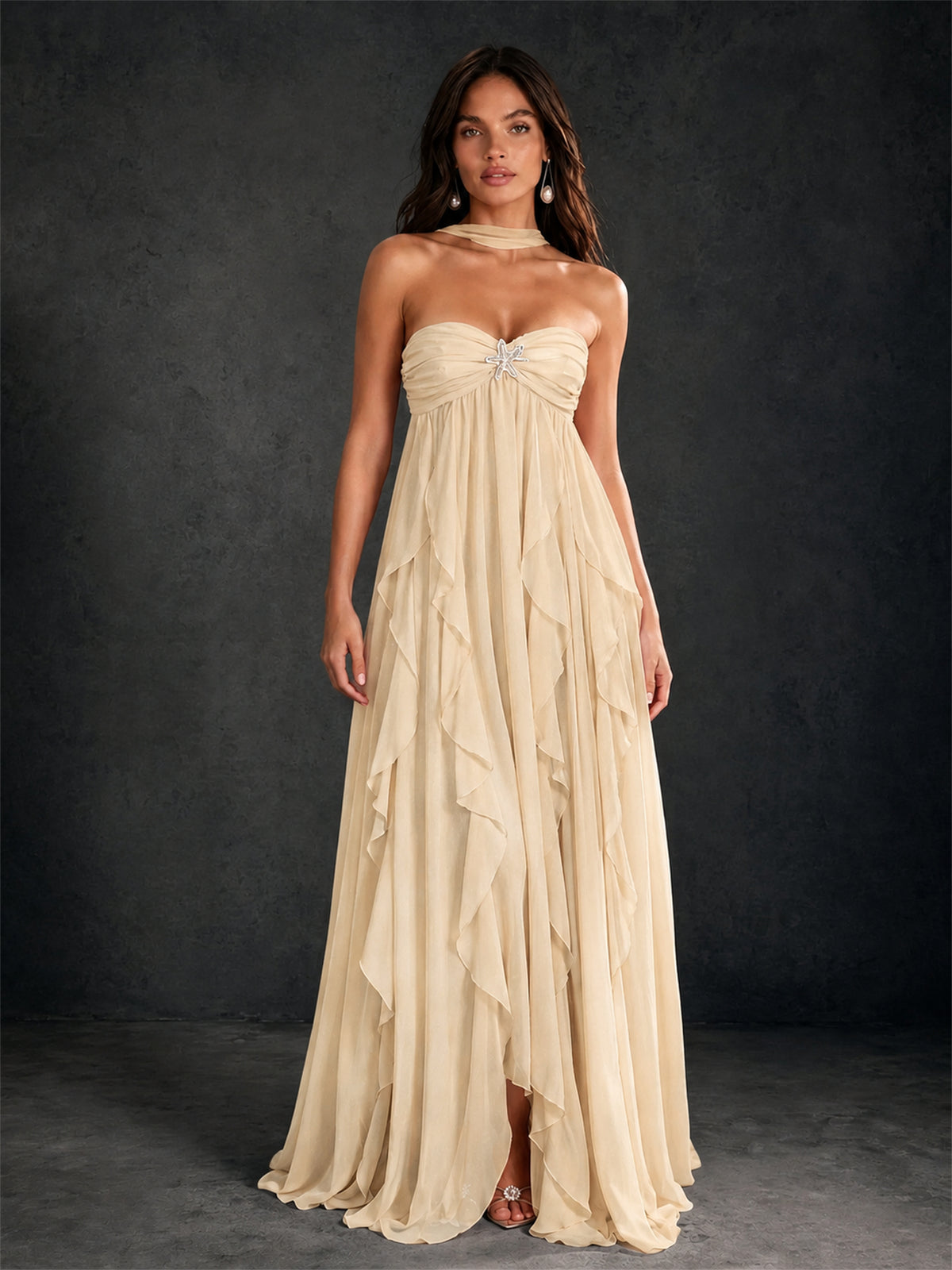 BOLODOO Champagne Halter Neck Cascading Ruffle Chiffon Maxi Dress | Keyhole Open Back - Champagne