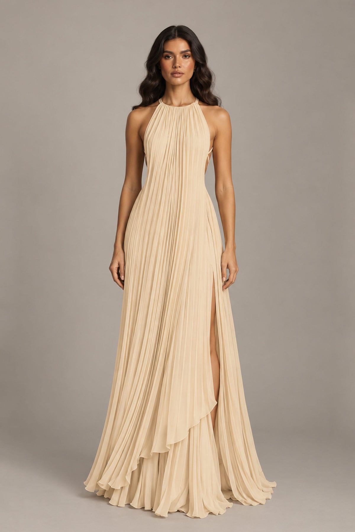 BOLODOO Champagne Halter Neck Pleated Chiffon Maxi Dress with Side Slit - Champagne