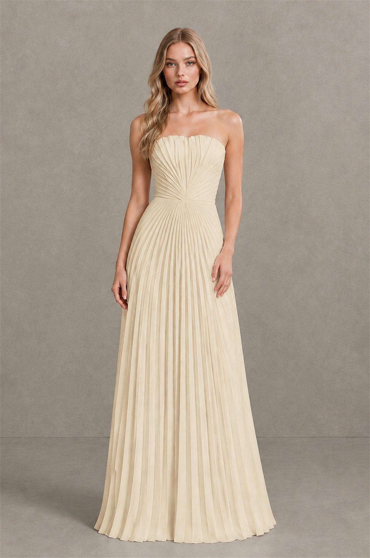 BOLODOO Champagne Strapless Sunburst Pleated Twisted Knot Lace-Up Back Accordion Pleated Chiffon Maxi Dress - Champagne