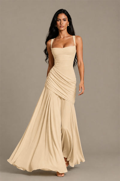 BOLODOO Square Neck Ruched A-Line Maxi Dress - Champagne Backless Evening Gown - Champagne