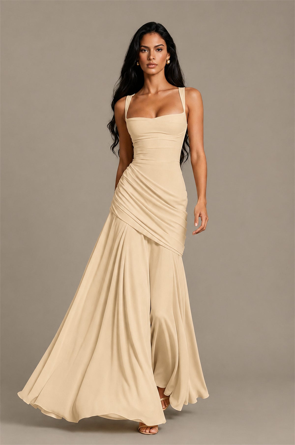 BOLODOO Square Neck Ruched A-Line Maxi Dress - Champagne Backless Evening Gown - Champagne