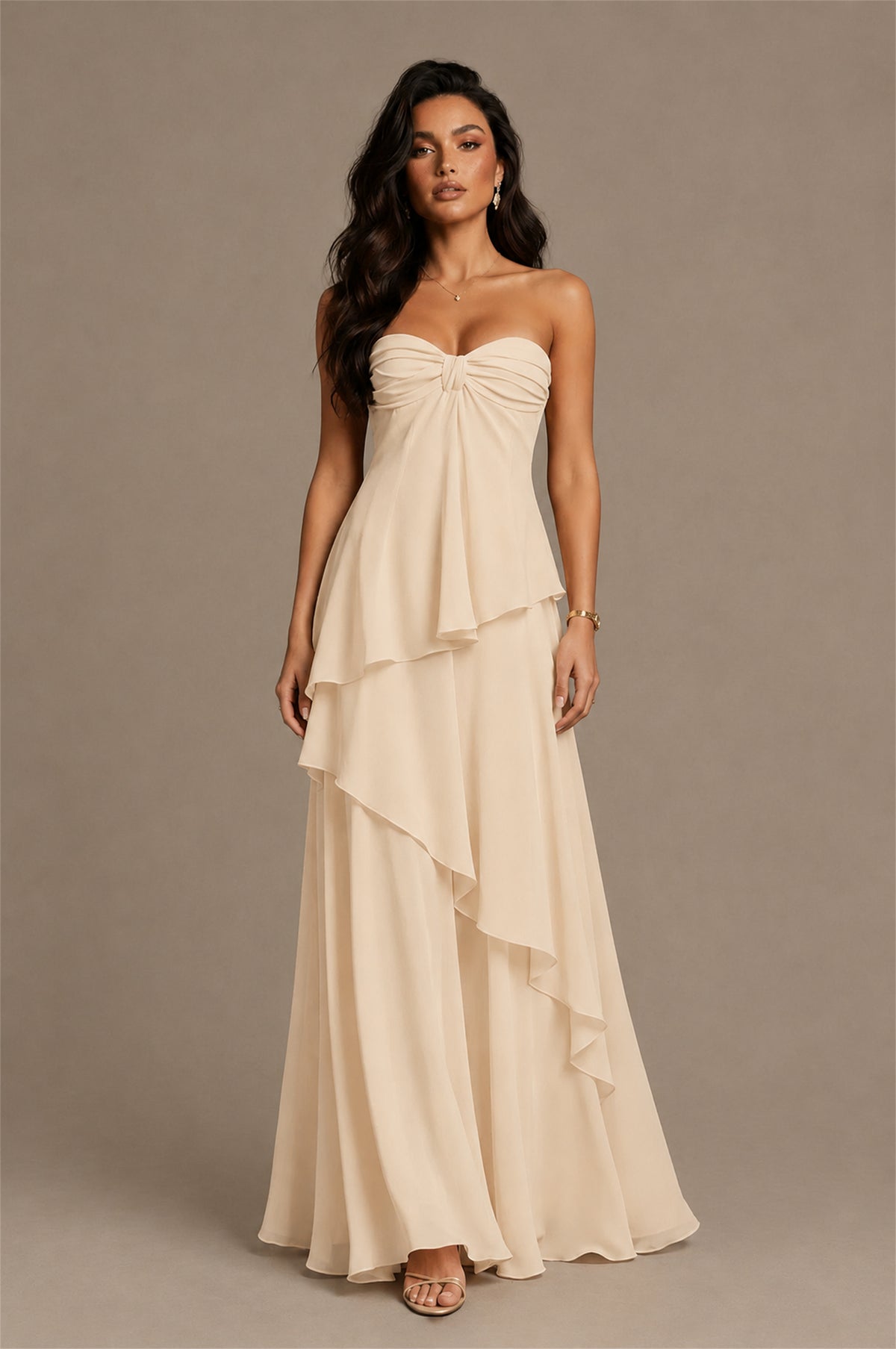 BOLODOO Champagne Strapless Sweetheart Knotted Chiffon Tiered Maxi Dress with Lace-Up Back - Champagne