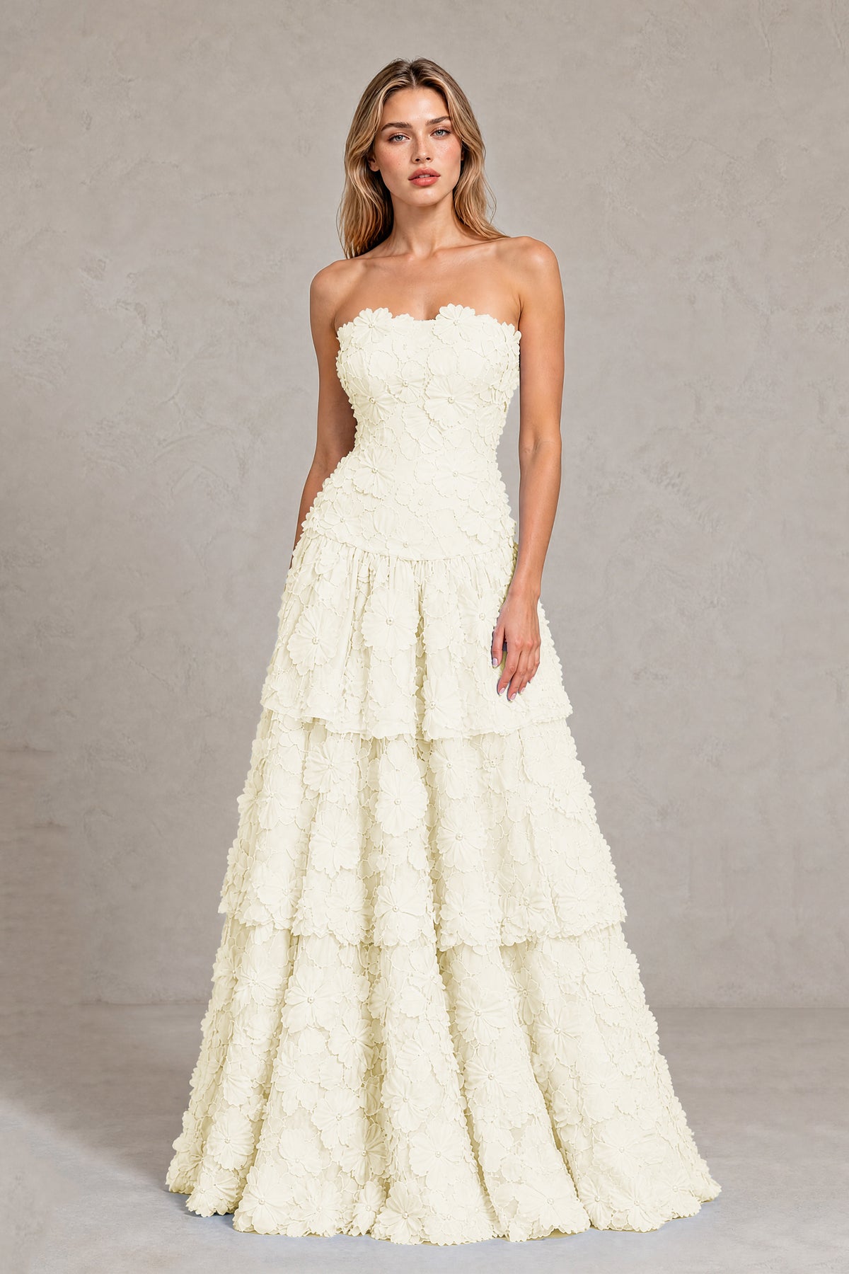 BOLODOO Champagne Strapless 3D Floral Tiered Evening Gown - Champagne
