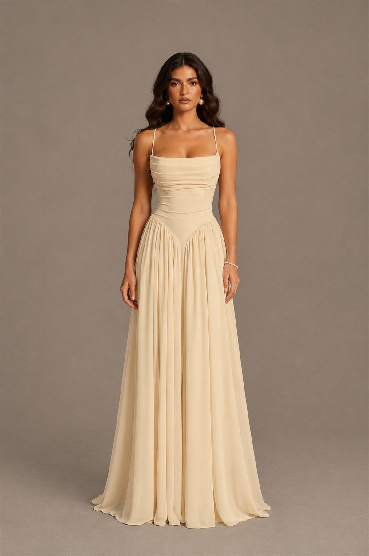 BOLODOO Champagne Spaghetti Strap Square Neck Ruched Chiffon Maxi Dress with Lace-Up Back - Champagne