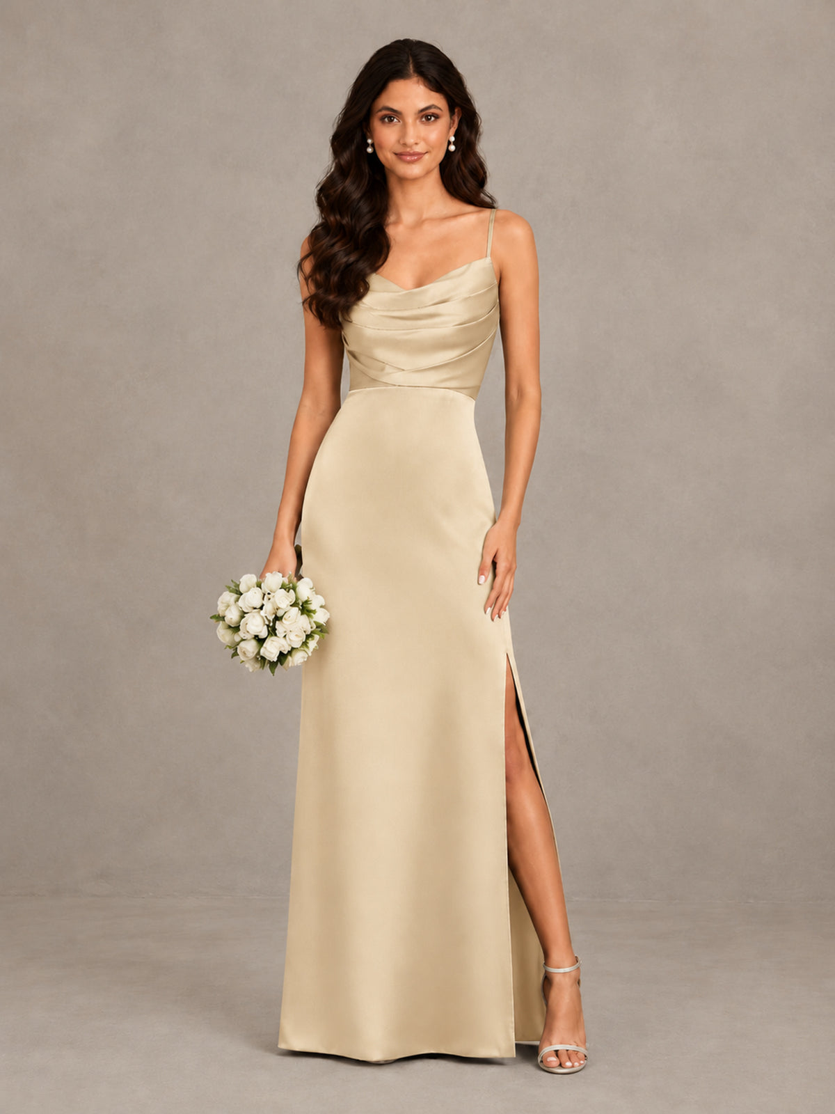BOLODOO Champagne Cowl Neck Satin Bridesmaid Dress with Slit - Champagne - Champagne (1)
