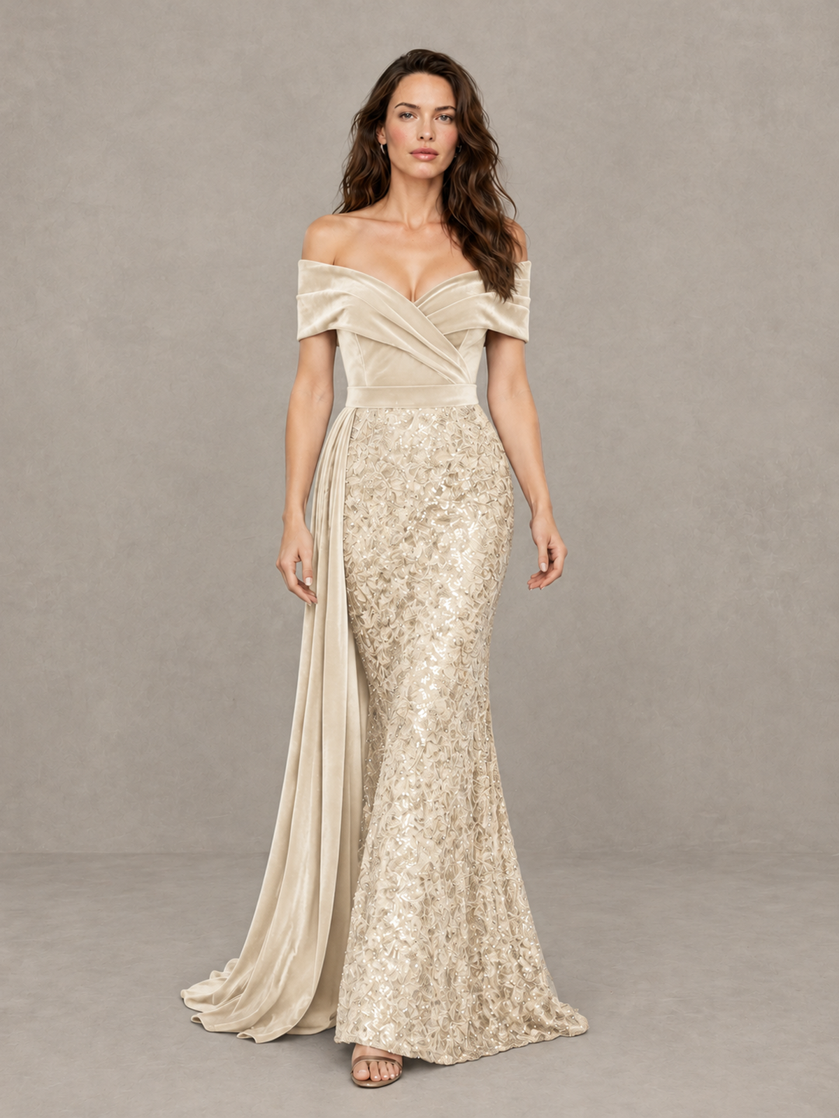 BOLODOO Champagne Off-Shoulder Velvet & Sequin Evening Gown with Side Train - Champagne - Champagne (1)