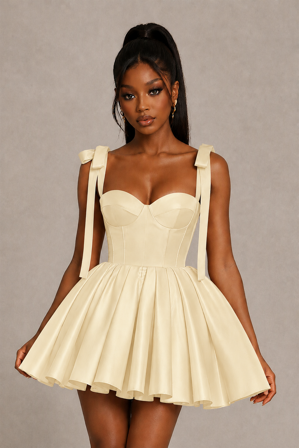 BOLODOO Champagne Satin Sweetheart Corset Bow Strap Lace-Up Open Back Full Skirt Mini Dress | Prom Cocktail Party Dress - Champagne