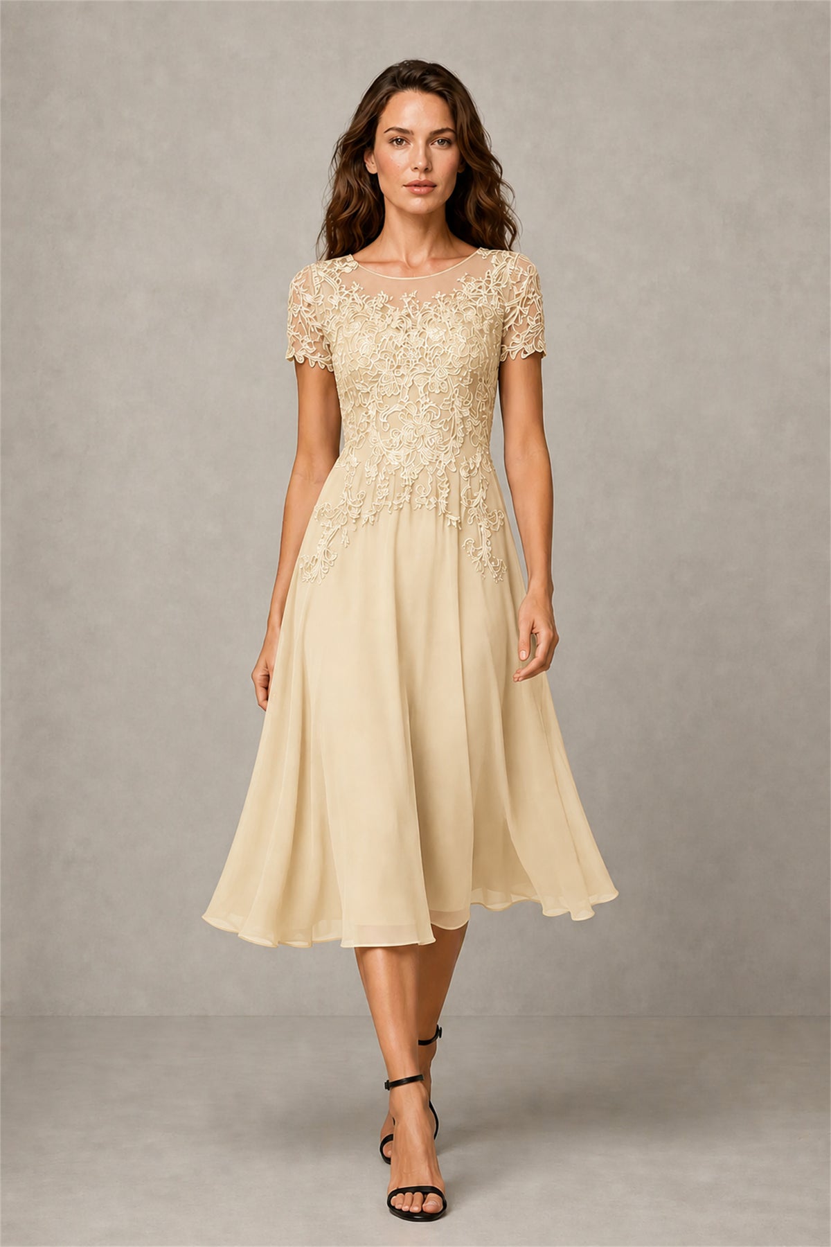 BOLODOO Steel Champagne Beaded Lace Illusion Bodice Chiffon Tea-Length Dress | Mother of the Bride & Cocktail Party - Champagne
