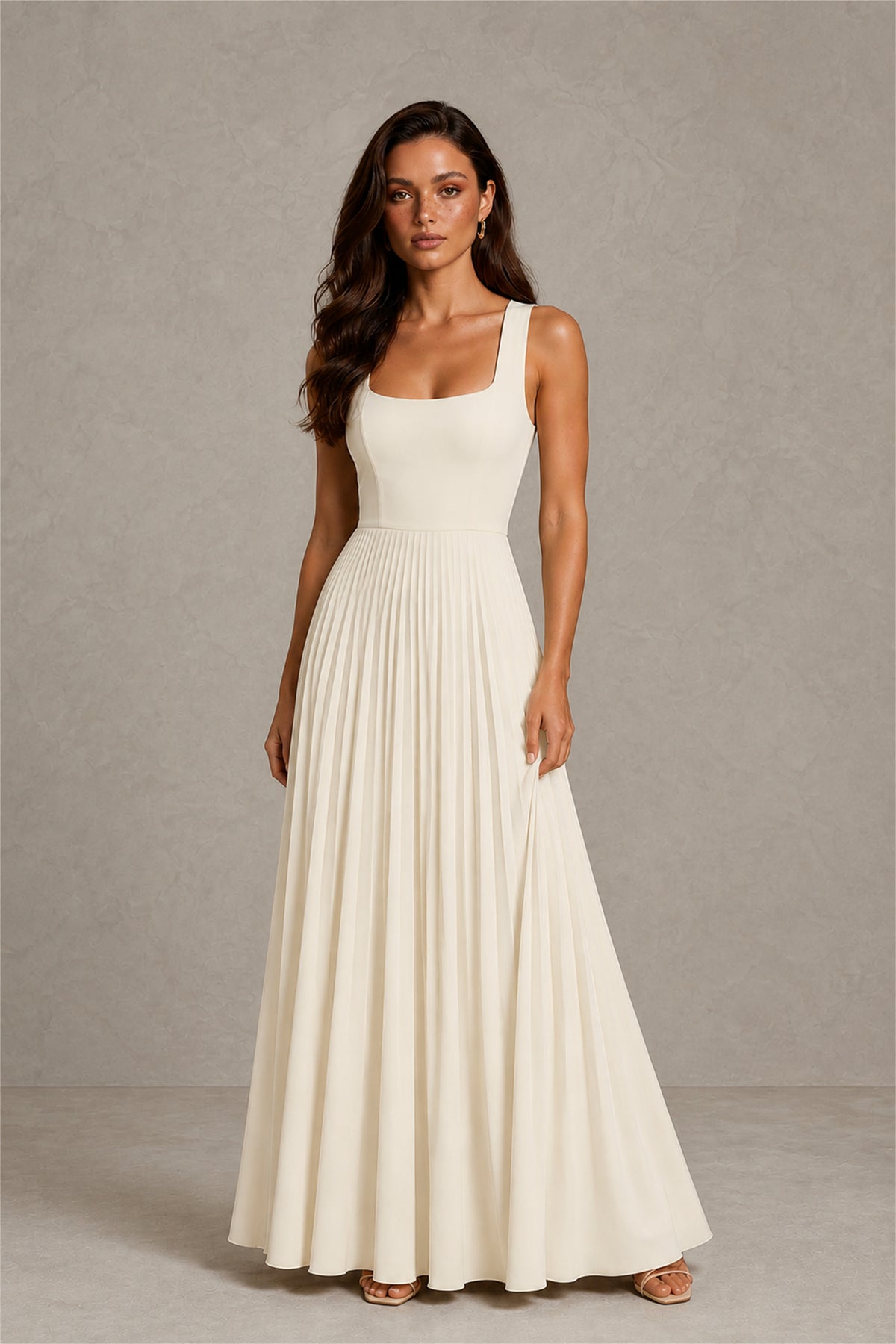 BOLODOO Champagne Square Neck Wide Strap Lace-Up Back Pleated A-Line Chiffon Maxi Dress - Champagne