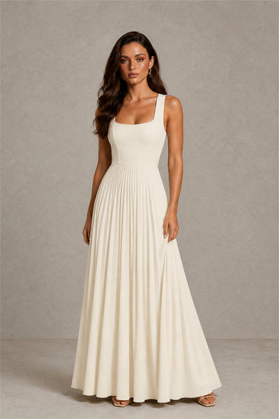BOLODOO Champagne Square Neck Wide Strap Lace-Up Back Pleated A-Line Chiffon Maxi Dress - Champagne