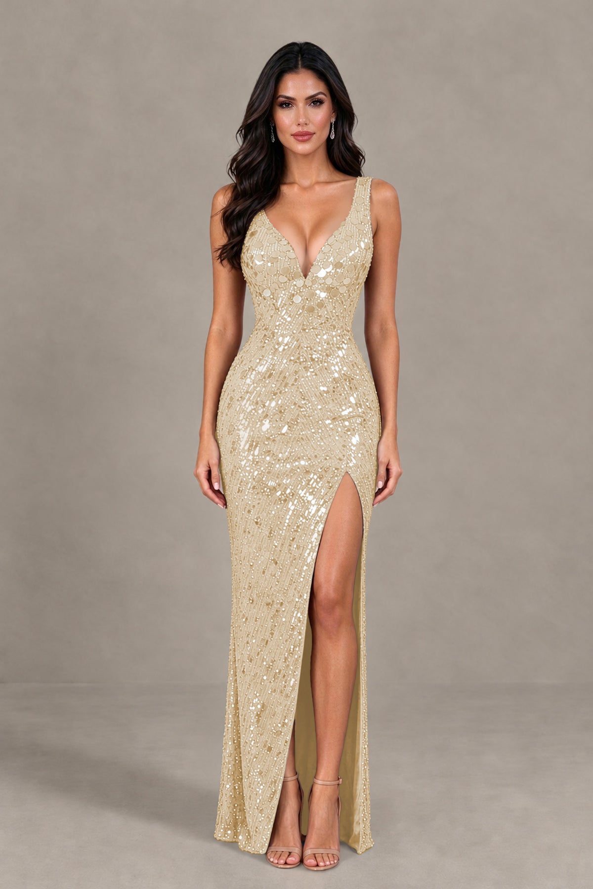 BOLODOO Champagne Sequin Deep V-Neck Lace-Up Back High-Slit Evening Dress - Champagne - Champagne (1)