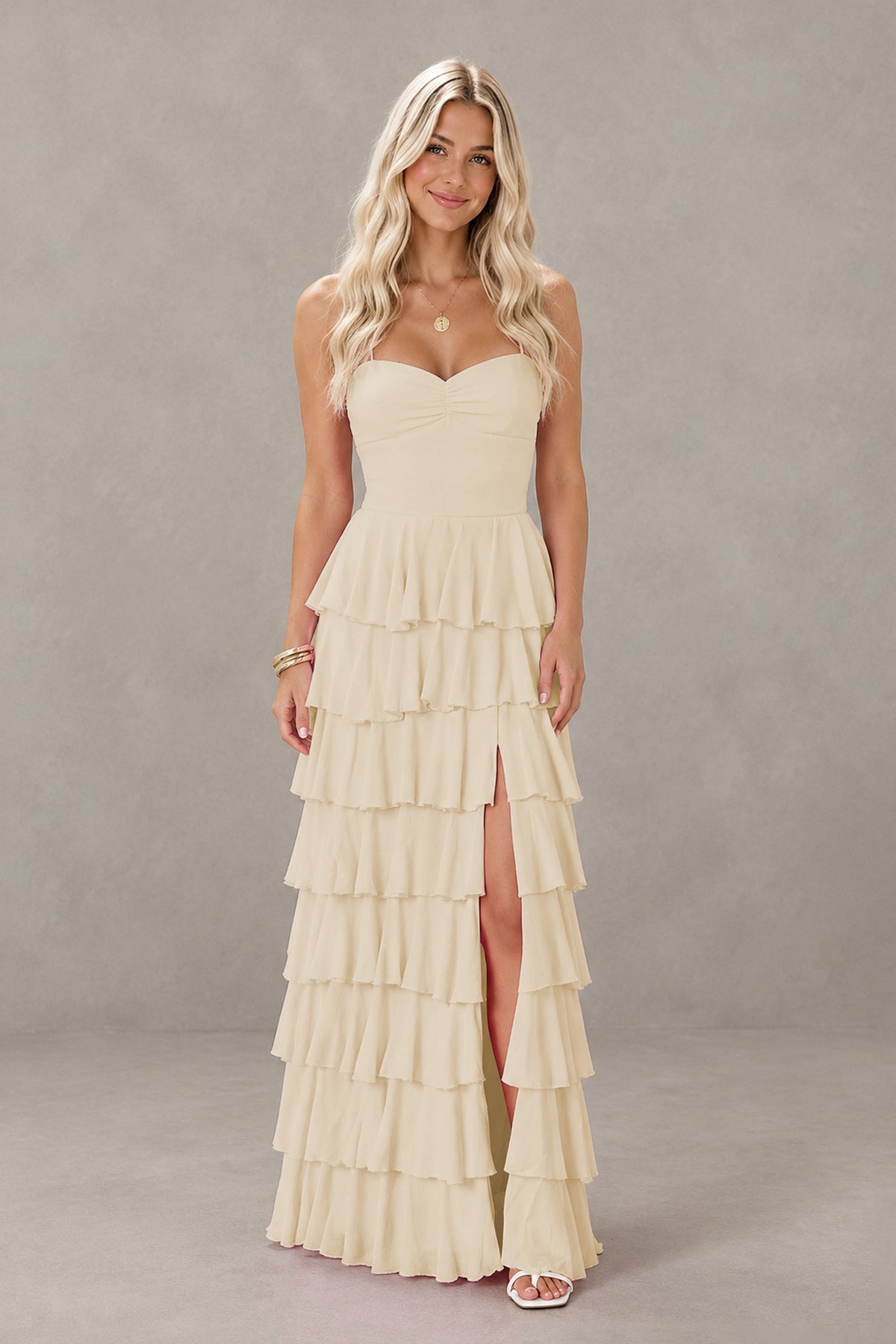 BOLODOO Champagne Strapless Tiered Ruffle Maxi Dress with Slit & Lace-Up Back - Champagne