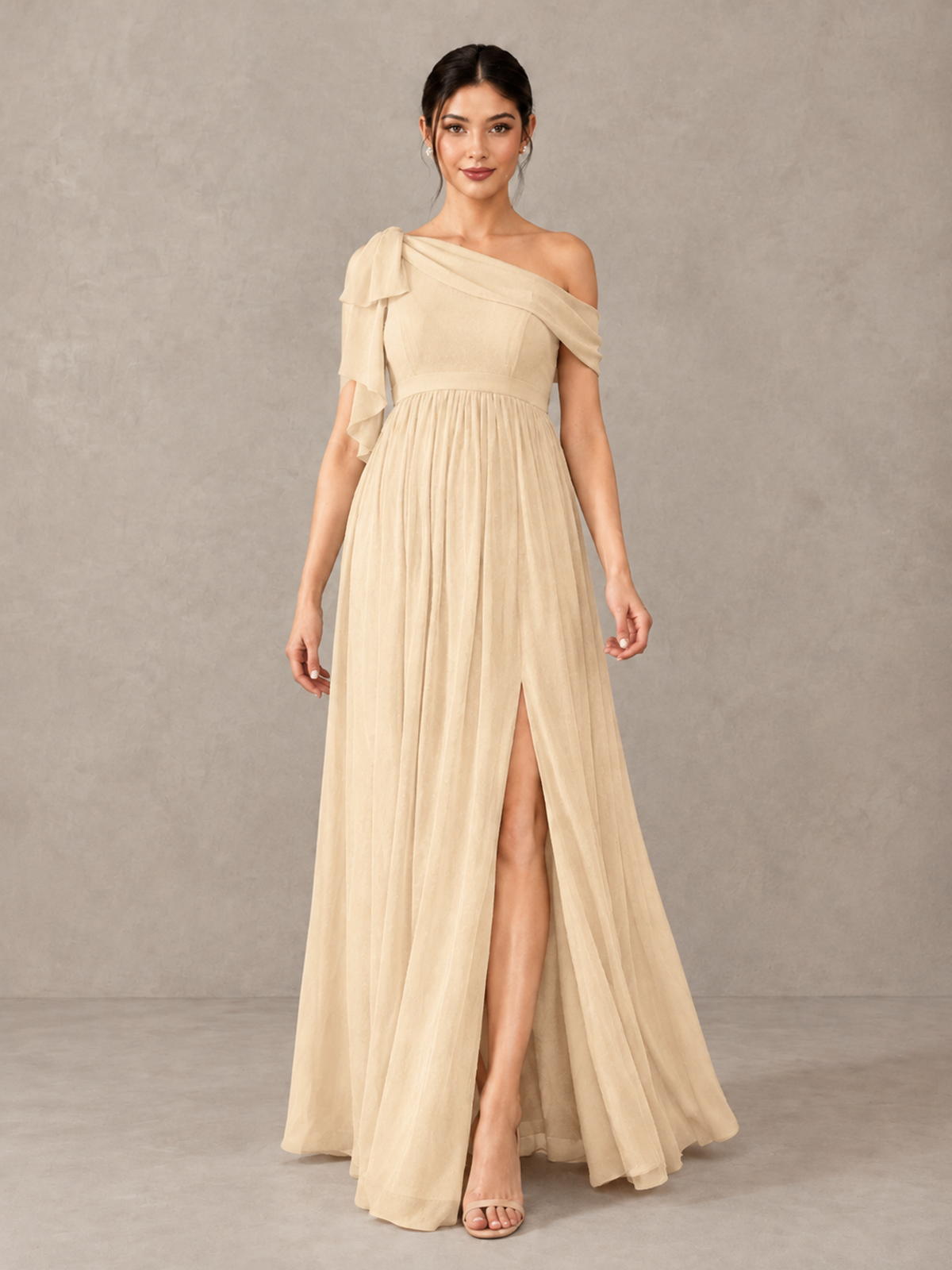 BOLODOO Champagne One-Shoulder Maternity Bridesmaid Dress with Slit - Champagne - Champagne (1)