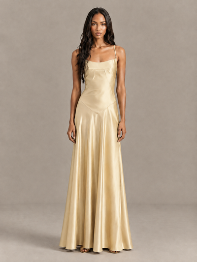 BOLODOO Champagne Satin Lace-Up Back Maxi Dress - Champagne