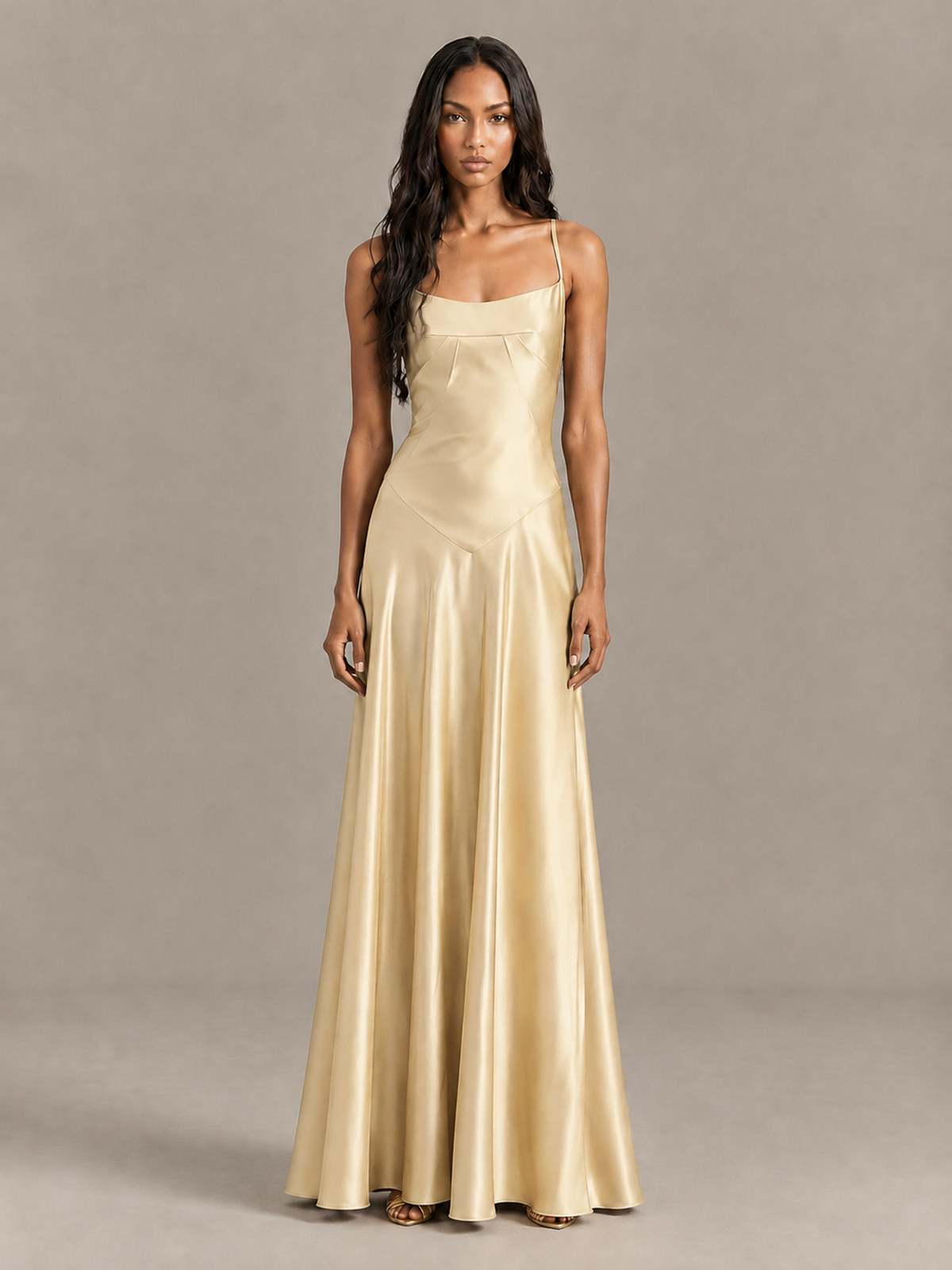 BOLODOO Champagne Satin Lace-Up Back Maxi Dress - Champagne