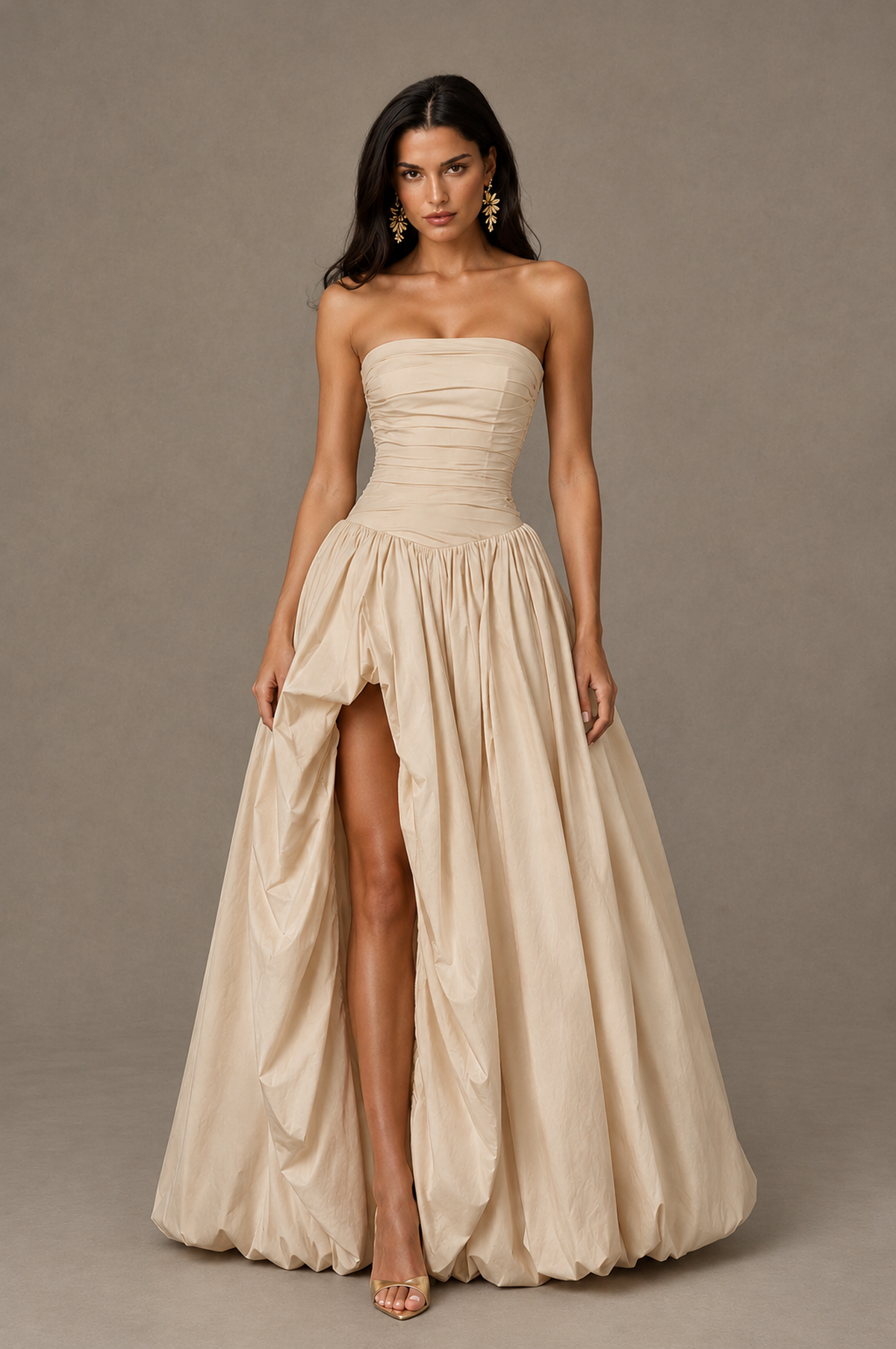 BOLODOO Champagne Strapless Ruched Corset Lace-Up Back Bubble Skirt High Slit Taffeta Maxi Dress - Champagne