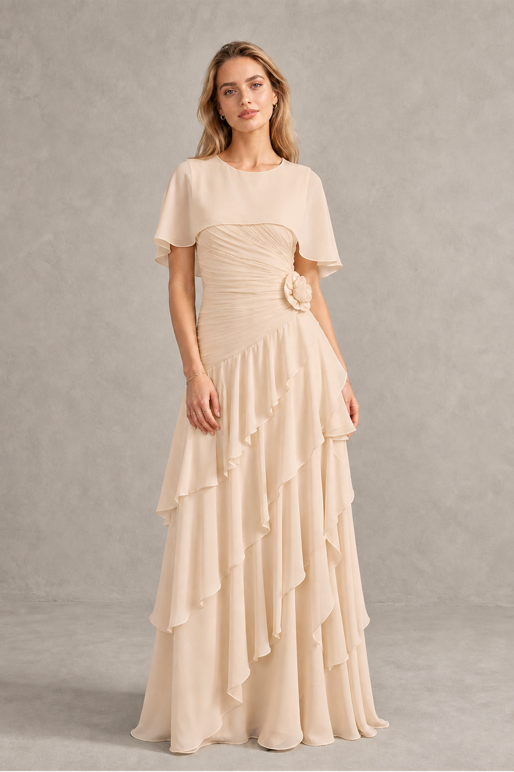 BOLODOO Champagne Chiffon Flutter Sleeve Tiered Maxi Dress with 3D Rosette - Champagne