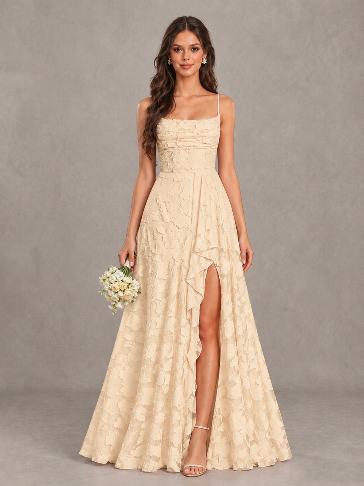 BOLODOO Champagne Floral Appliqué Slit Maxi Dress - Champagne - Champagne (1)